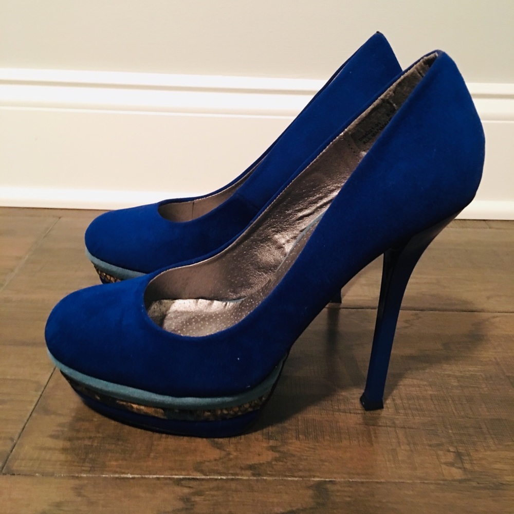 Dollhouse faux suede royal blue platform heels